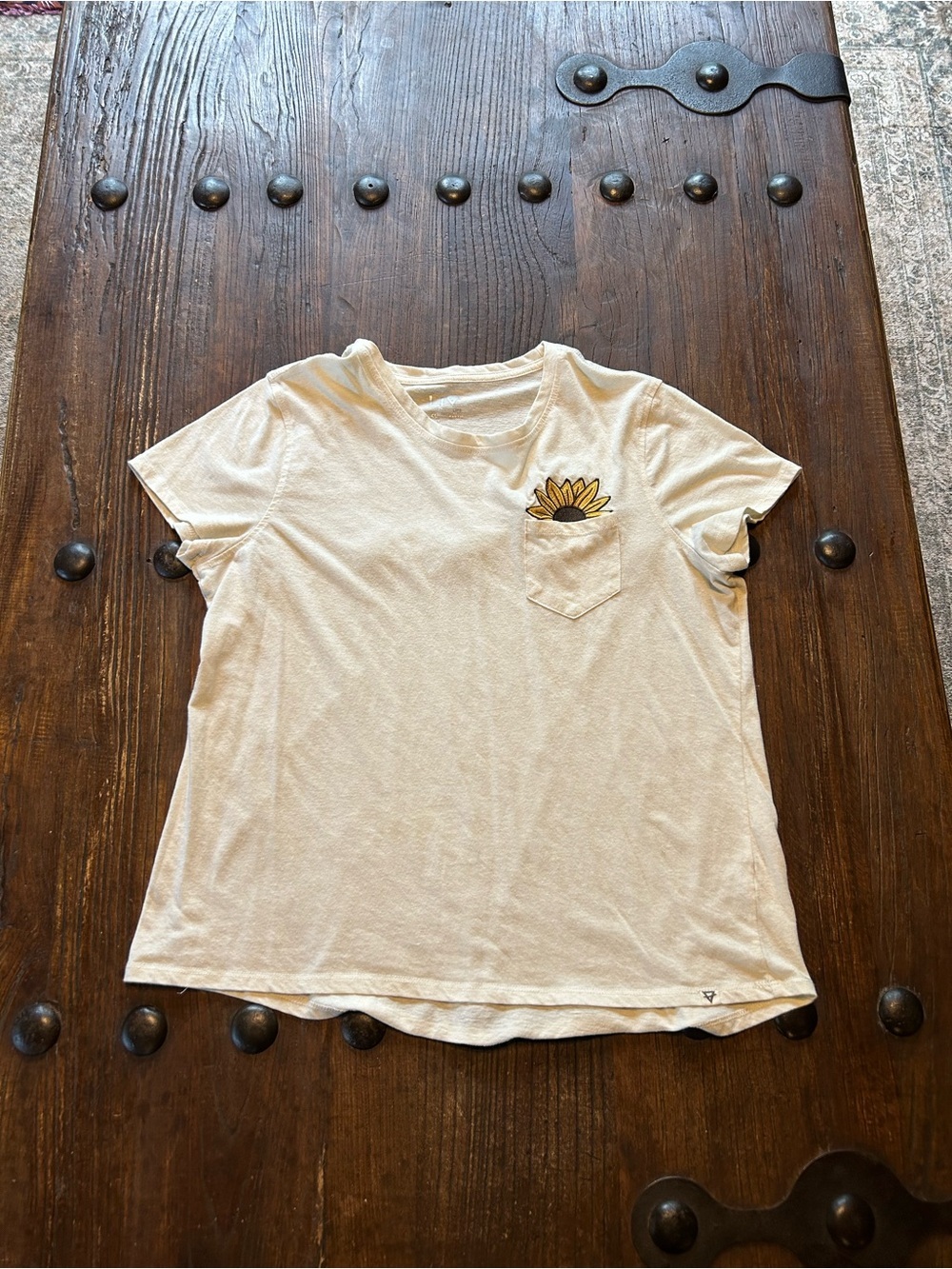 Cream Short Sleeve Pocket Tee with Sunflower Accent